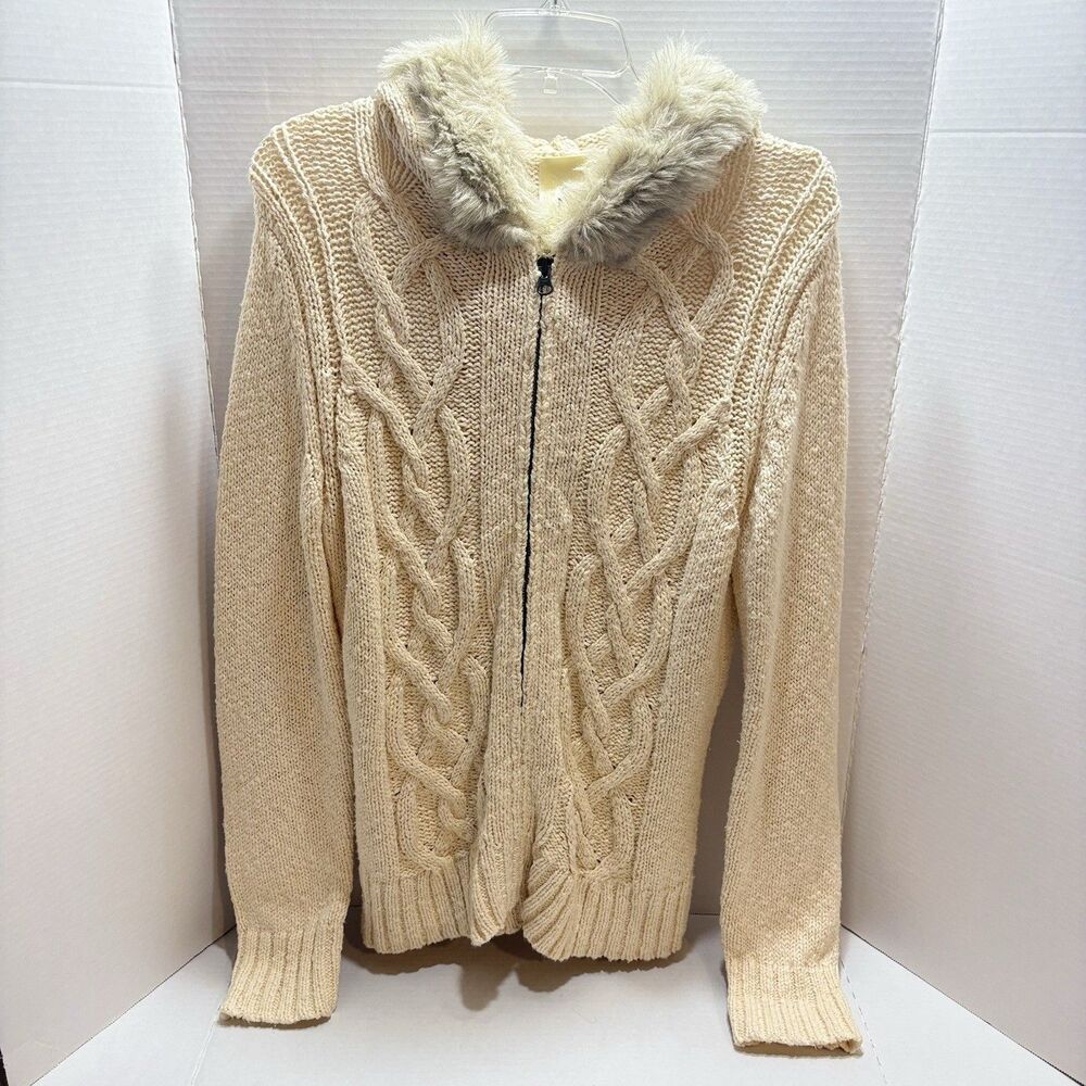 Vtg Old Navy Cable Knit Sweater Zip Up Faux Fur Collar Cream Beige Y2K XL
